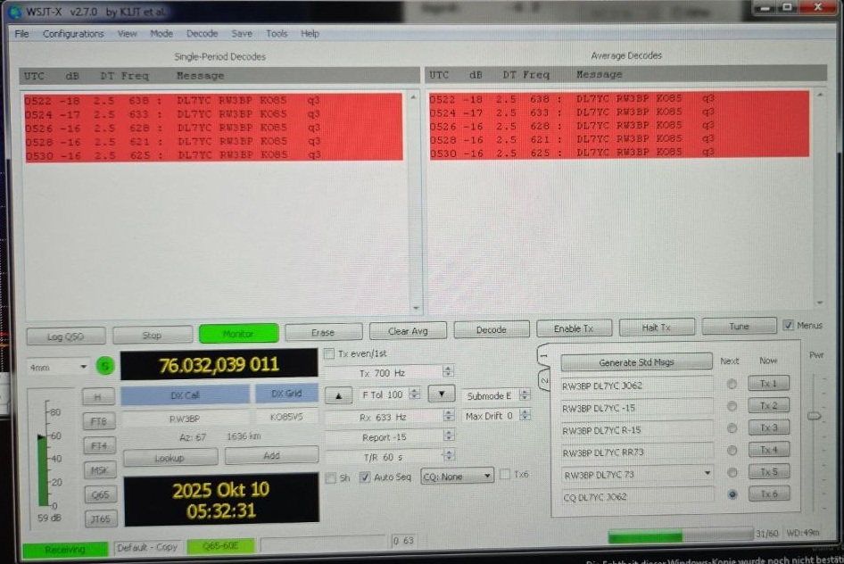 RW3BP 76 GHz Test Signals Decoded at DL7YC