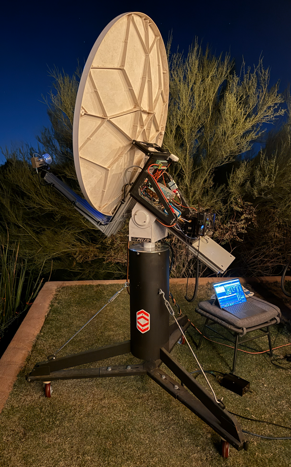 NJ6D 1 m transportable system in action with focused moon light illuminating the feed