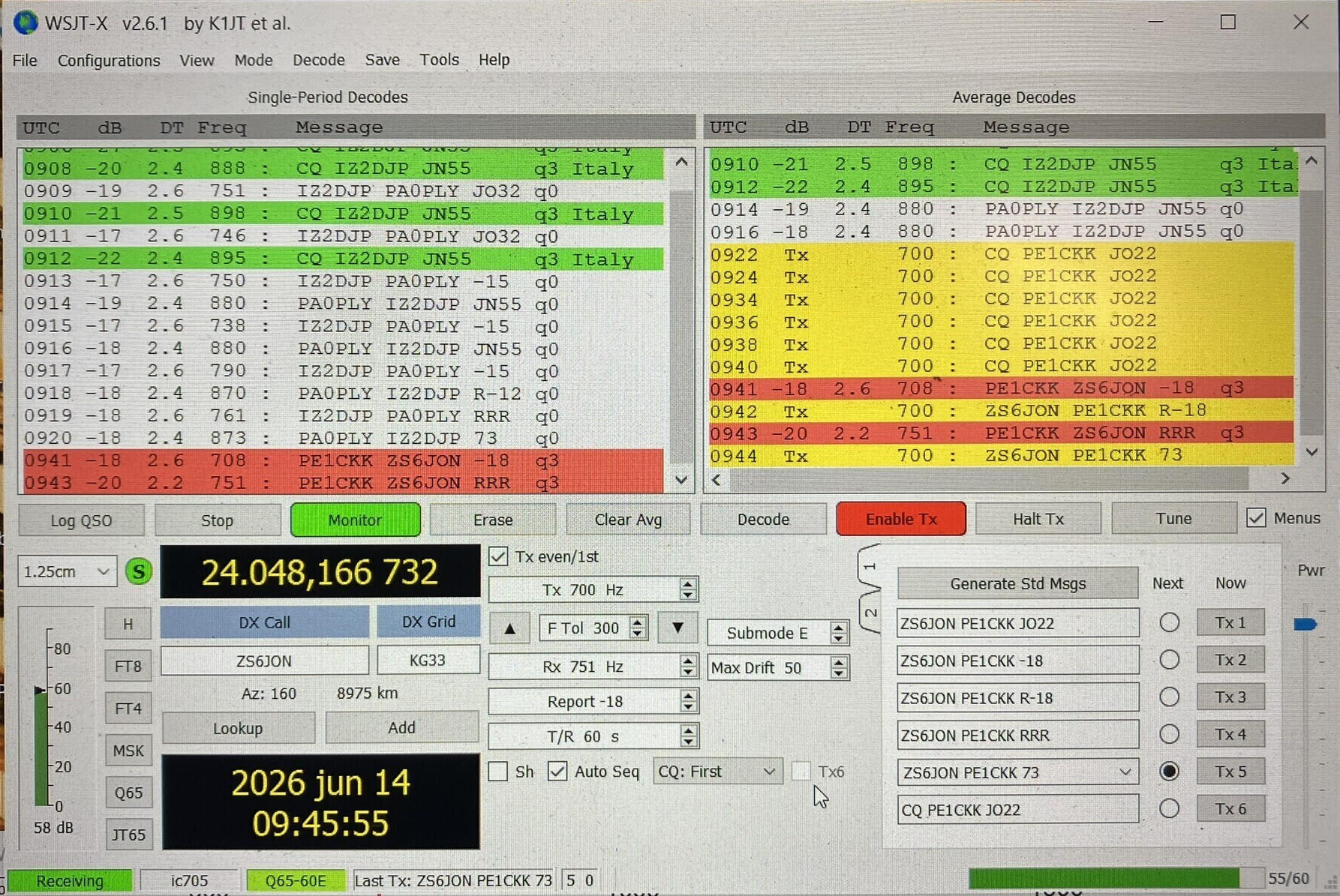 PE1CKK WSJT screen from ZS6JON